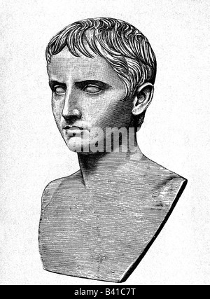 Augustus (Imperator Caesar Augustus), 23.9.63 v. Chr. - 19.8.14 n. Chr., römischer Kaiser 13.1.27 v. Chr. - 19.8.14 n. Chr., Porträt, Holzgravur nach alter Büste, Stockfoto