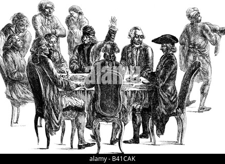 Voltaire (Francois Arouet), 21.11.1694 - 30.5.1778, französischer Philosoph, Firma am Tisch, unvollständige Kupferstich von Hubert, Anfang des 18. Jahrhunderts, Artist's Urheberrecht nicht gelöscht werden Stockfoto