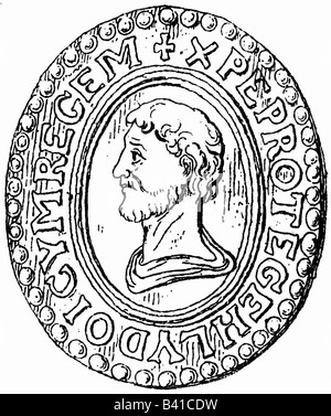 Louis II "der Deutsche", ca. 805 - 28.8.876, ostfränkischer König 20.6.840 - 28.8.876, Porträt nach Siegel, Holzgravur, 19. Jahrhundert, Stockfoto