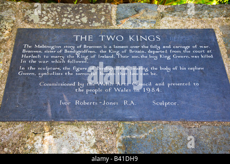 Placque der beiden Könige Skulptur Harlech Castle Snowdonia Wales Stockfoto