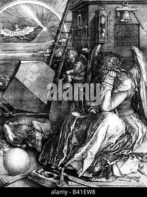 Bildende Kunst, Dürer, Albrecht (1471-1528), 'Melancholia I', Gravieren, 240 x 187 mm, Stadelmuseum, Frankfurt/Main, Artist's Urheberrecht nicht gelöscht werden Stockfoto