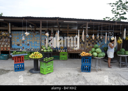 Obst und Gemüse Stand am Straßenrand in der Nähe von Puntarenas Costa Rica die Frau auf dem Foto ist der Eigentümer Stockfoto