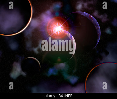 Eine ferne Sonne erhebt sich über einem Planeten In ihrer Solaranlage Stockfoto