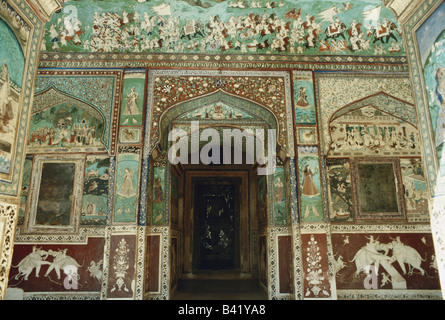 Fresken von Geschichten für vier Prinzessinnen an Taragarh Fort Rani Mahal Bundi Rajasthan Indien Stockfoto