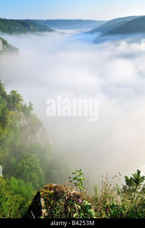 Morgenwolken / Nebel im Donautal (Donautal), Blick vom Knopfmacherfelsen, Naturpark Obere Donau, Baden-Württemberg, Deutschland Stockfoto