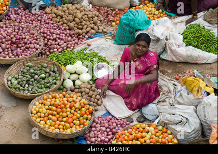 Inderin, Verkauf von Gemüse auf einem lokalen Indien-Markt in der Stadt Puttaparthi, Andhra Pradesh, Indien Stockfoto