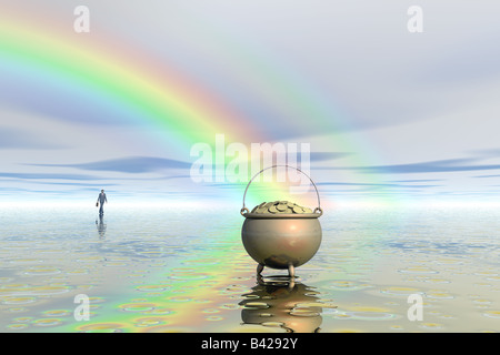 Geschäftsmann zu Fuß in Richtung ein Topf voll Gold am Ende des Regenbogens Stockfoto