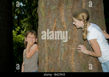 Zwei junge Mädchen spielen Versteckspiel im Wald Stockfoto