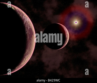 Fernen fremden roten Planeten In der Umlaufbahn um einen Stern produziert einen bunte Halo. Stockfoto