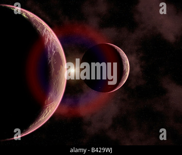 Fernen fremden roten Planeten In der Umlaufbahn um einen Stern produziert einen bunte Halo. Stockfoto