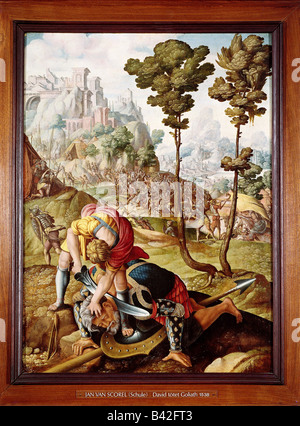 David, König der Juden, ca. 1004 - 965 v. Chr., halbe Länge, Gemälde, David Killing Goliath, Schule von Jan Scorel, 1538, Stockfoto