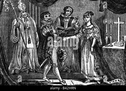 Heinrich VIII., 28.6.1491 - 28.1.1547, König von England 22.4.1509 - 28.1.1547, die Ehe mit Anne Boleyn, London, 25.1.1533, Kupferstich, Überprüfung der Fox's Buch der Märtyrer' von William Andrews, 1826, Artist's Urheberrecht nicht gelöscht werden Stockfoto