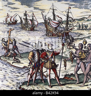 Columbus, Christopher, 1451 - 20.5.1506, Italienisch Explorer, Szene, im Guanahani, 12,5 anreisen. 1492, Kupferstich, koloriert von Theodore de Bry, 1596, Artist's Urheberrecht nicht geklärt zu werden. Stockfoto