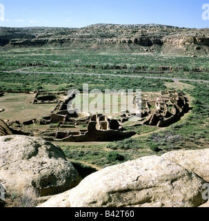 Geographie / Reisen, USA, New Mexiko, Chaco Canyon, Blick vom Palo Alto Trail zum Pueblo Bonito, Nordamerika, ruinieren, UNESCO, Worl Stockfoto