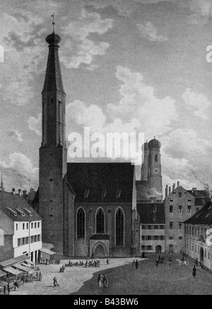 Geographie/Reisen, Deutschland, München, Kirchen, St. Salvator am Salvatorplatz, lithographisch, frühes 19. Jahrhundert, historisch, Kirchturm, Türme der Frauenkirche im Hintergrund, Straßen, Straßenszene, Markt, Platz, Plätze, Religion, Architektur, griechische Kirche, Muenchen, München, Menschen, Stockfoto