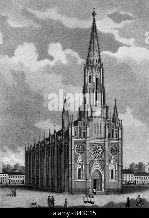 Geografie/Reisen, Deutschland, München, Kirchen, katholische Pfarrkirche in 'Au', (Mariahilfkirche), erbaut zwischen den Jahren 38/389 und 18319, lithographisch, Mitte des 19. Jahrhunderts, Stockfoto