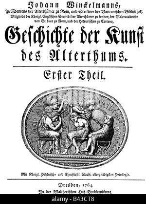 Winckelmann, Johann Joachim, 9.12.1717 - 8.6.1768, deutscher Archäologe, Geschichte der Kunst des Altertums, Titel, Dresden, 1764, Stockfoto
