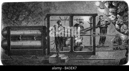 Architektur, Tunnel, Bau des Mont-Cenis-Tunnels, Bohrmaschine, Holzgravur von Poiret, im Jahr 1862, Stockfoto