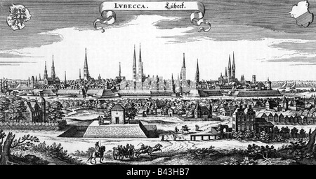 Geographie/Reisen, Deutschland, Lübeck, Blick auf die Stadt/Stadtansichten, Stich von Matthäus Merian, "Topographia Germaniae", 1642-1655, Artist's Urheberrecht nicht geklärt zu werden. Stockfoto