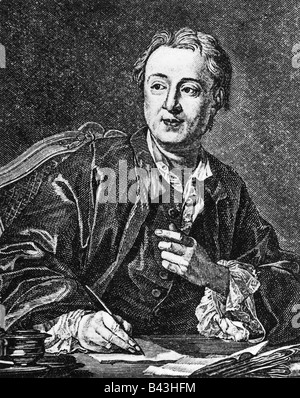 Diderot, Denis, 5.10.1713 - 31.7.1784, französischer Schriftsteller, Philosoph, halbe Länge, Schrift, Holzgravur, 19. Jahrhundert, basierend auf einem Gemälde von Michel van Loo, 1767, Louvre, Paris, Stockfoto