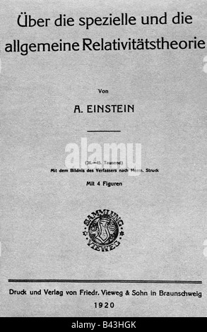 Einstein, Albert, 14.3.1879 - 18.4.1955, amerikanischer deutscher Wissenschaftler (Physiker), Buch "Über die Spezielle und die allgemeine Relativitätstheorie", Cover, Stockfoto