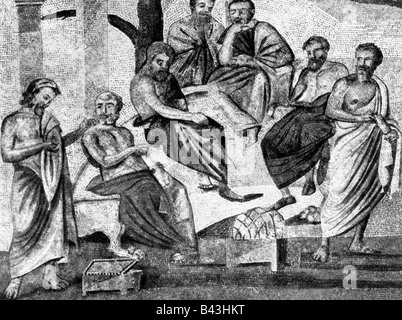 Platon, 427 - 347 v. Chr., der griechische Philosoph, mit seinen Studenten, nach altem Mosaik aus Pompeji, Nationalmuseum Neapel, Italien,