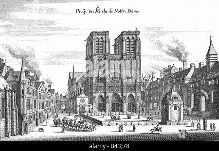 Geographie/Reise, Frankreich, Paris, Kirchen, Notre Dame, Außenansicht, Gravur, 18. Jahrhundert, historisch, historisch, Europa, Kirche, Kathedrale, Platz, Straßenszene, Architektur, Gebäude, Gebäude, Menschen, Stockfoto