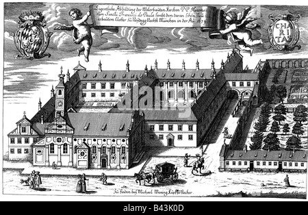 Geografie/Reise, Deutschland, München, Kirchen, Stift Sankt Borromäus zu Neudeck, (1623, geschlossen 1799), Außenansicht, Gravur von Michael Wening, 1679, historisch, historisch, 17. Jahrhundert, Architektur, Barock, Bayern, Europa, Mariahilfplatz, Mariahilf, Platz, Wappen, Paulaner, Kloster, teilweise 1902 abgerissen, Engel, Putto, Umschrift, Borrochen, Banner, Muromaus, Borrochen Stockfoto