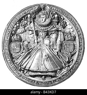 Elizabeth I, 7.9.1533 - 24.3.1603, Königin von England seit 17.11.1558, Thronzeichen, Holzgravur, 19. Jahrhundert, nach dem Original, Stockfoto