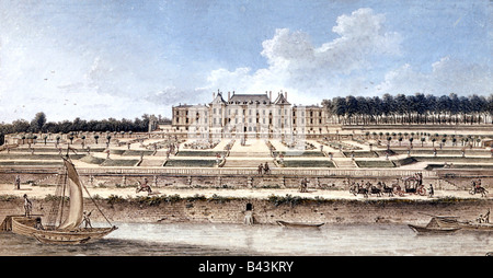 Geographie/Reise, Frankreich, Schlösser, Chateau Menars, Außenansicht mit Fluss Loiré, farbige Gravur, 18. Jahrhundert, Louvre Paris, historisch, historisch, erworben von Jeanne Antobinette Marquise de Pompadour um 660, Stockfoto