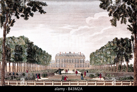 Geographie/Reise, Frankreich, Schlösser, Hotel DS Évreux, (heute Elysée-Palast, Paris), Außenansicht, Garten, anonym farbige Gravur, gedruckt von Daumont, 18. Jahrhundert, historisch, 1718 - 1720 von Armand Claude Mollet für Henri de la Tour DS Auvergne Comte DS Evreux, 1750-1764 im Besitz von Jeanne Antoinette de Poisson Marquise de Pompadour, Garten, Park, Architektur, Barock, Schloss, Bäume, Menschen, Stockfoto