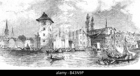 Geographie/Reise, Schweiz, Zürich, Stadtansichten/Stadtansichten, Limmat Fluss, Gravur 1859, Stockfoto