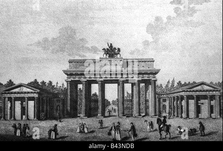 Geographie/Reise, Deutschland, Berlin, Brandenburger Tor (erbaut von Karl Gotthard Langhans 1789 - 171), Blick vom Pariser Platz, Gravur von P. Haas, nach Zeichnung von Serrurier, ca. 1800, Stockfoto