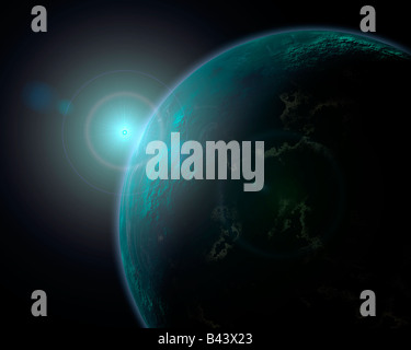 Eine entfernte fremde Welten aufgehende Sonne über den Horizont. Stockfoto