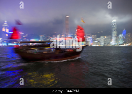 China Hong Kong Skyline und chinesische Dschunke betrachtet von Kowloon in der Abenddämmerung Stockfoto