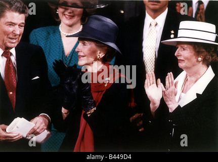 Ronald Reagan der ehemalige Präsident der Vereinigten Staaten Juni 1988 abgebildet ist mit seiner Frau Nancy und ehemaliger Premierminister Stockfoto