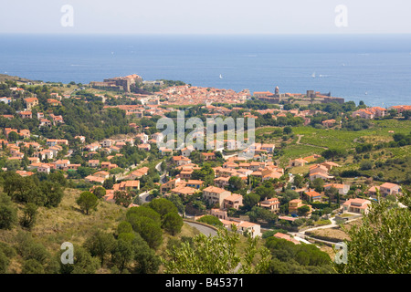 Blick über Collioure auf mediterrane Cote Vermeille / Southern France Stockfoto