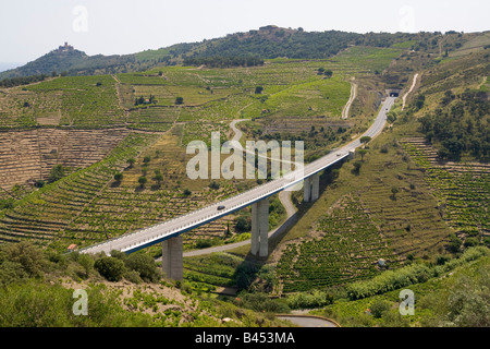 Eine Brücke von der Nationalstraße N 114 führt durch Weinberge im Hinterland der Côte Vermeille / Southern France Stockfoto