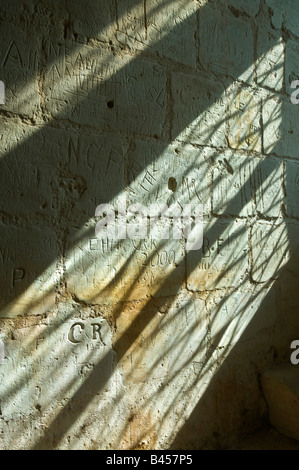 Graffiti und Initialen geritzt in Steinmauer in Burg Chinon, Frankreich. Stockfoto