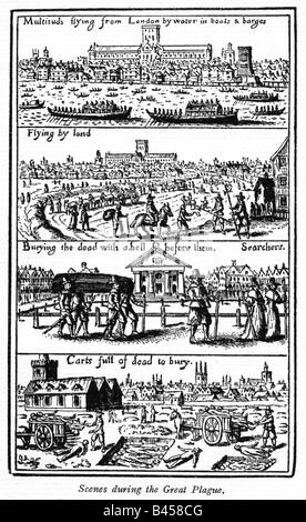 Szenen aus der großen Pest 1665 Gravur von Menschen auf der Flucht vor St. Pauls und Bestattung der Toten in Covent Garden Stockfoto