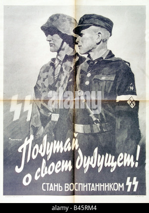 Nationalsozialismus/Nationalsozialismus, Organisationen, Schutzstaffel (SS), bewaffnete SS, Rekrutierungsplakat in kyrillischen Briefen, Lemberg um 1943, Stockfoto