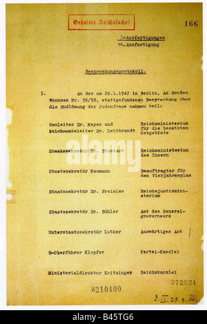 Nationalsozialismus/Nationalsozialismus, Verbrechen, Judenverfolgung, Wannseekonferenz, 20.1.1942, Protokoll, Seite 1, nazi, Holocaust, Dokument, Endlösung, historisch, historisch, 20. Jahrhundert, vierziger Jahre, Stockfoto