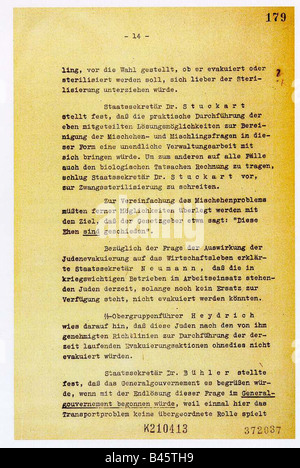 Nationalsozialismus/Nationalsozialismus, Verbrechen, Judenverfolgung, Wannseekonferenz, 20.1.1942, Protokoll, Seite 14, nazi, Holocaust, Dokument, Endlösung, historisch, historisch, 20. Jahrhundert, vierziger Jahre, Stockfoto
