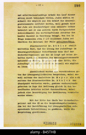 Nationalsozialismus/Nationalsozialismus, Verbrechen, Judenverfolgung, Wannseekonferenz, 20.1.1942, Protokoll, Seite 15, nazi, Holocaust, Dokument, Endlösung, historisch, historisch, 20. Jahrhundert, vierziger Jahre, Stockfoto