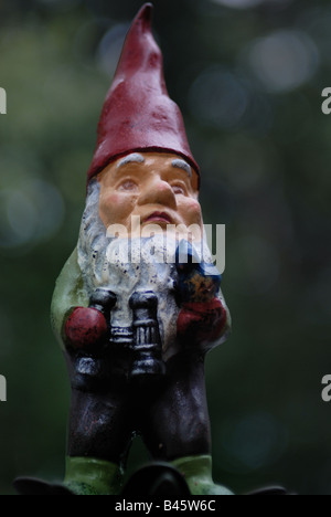 Ein Porträt von einem bärtigen Gartenzwerg trägt eine rote Zipfelmütze mit Fernglas und ein Bluebird. Stockfoto