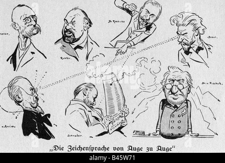 Geografie/Reisen, Deutschland, Politik, Parlament, Karikatur, "Sprache von Auge zu Auge", Zeichnung 1901, Politiker, Mitglieder, Mitglied Moller, Eugens Richter, Dr. Gustav Roesicke, August Bebel, Oskar von Arnim, Karl Schrader, Oskar von Pischek, Stockfoto