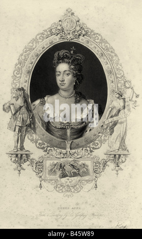 Anne, 6.2.1665 - 1.8.1714, Königin von Großbritannien, 19.3.1702 - 1.8.1714, Porträt, Gravieren, nach dem Gemälde von Godfrey Kneller, London, 19., 17./18. Jahrhundert, Stuart, Stuarts, Krone, Rahmen, Wappen, Zahlen,, Artist's Urheberrecht nicht gelöscht werden Stockfoto