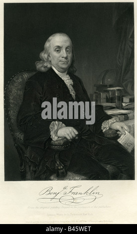 Franklin, Benjamin, 17.1.1706 - 17.4.1790, US-amerikanischer Politiker, Autor/Schriftsteller und Wissenschaftler, halbe Länge, Stahlstich nach dem Gemälde von Chappel, New York, 19. Jahrhundert, USA, 18. Jahrhundert, Politik, Literatur, Wissenschaft, Erfinder, Väter,, Artist's Urheberrecht nicht gelöscht werden Stockfoto