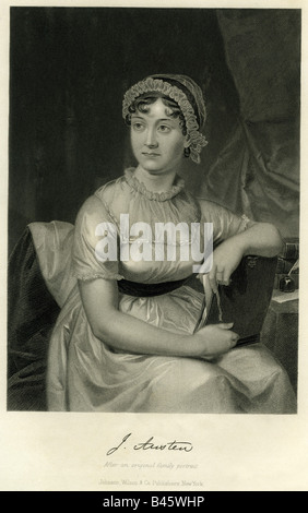 Austen, Jane, 16.12.1775 - 24. 7.1817, britische Autorin/Autor, halbe Länge, Stahlstich, nach Zeichnung von Cassandra Austen (1773 - 1845), New York, 1873, Artist's Urheberrecht nicht gelöscht werden Stockfoto