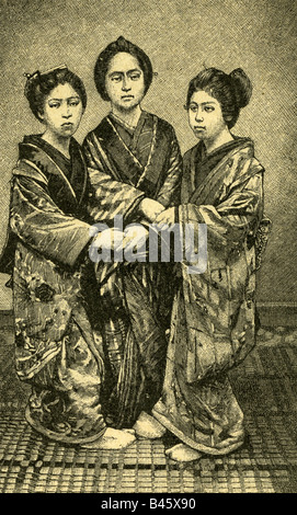 Geographie/Reise, Japan, Leute, Frauen, drei japanische Grazien, volle Länge, Gravur, 1886/3, Stockfoto